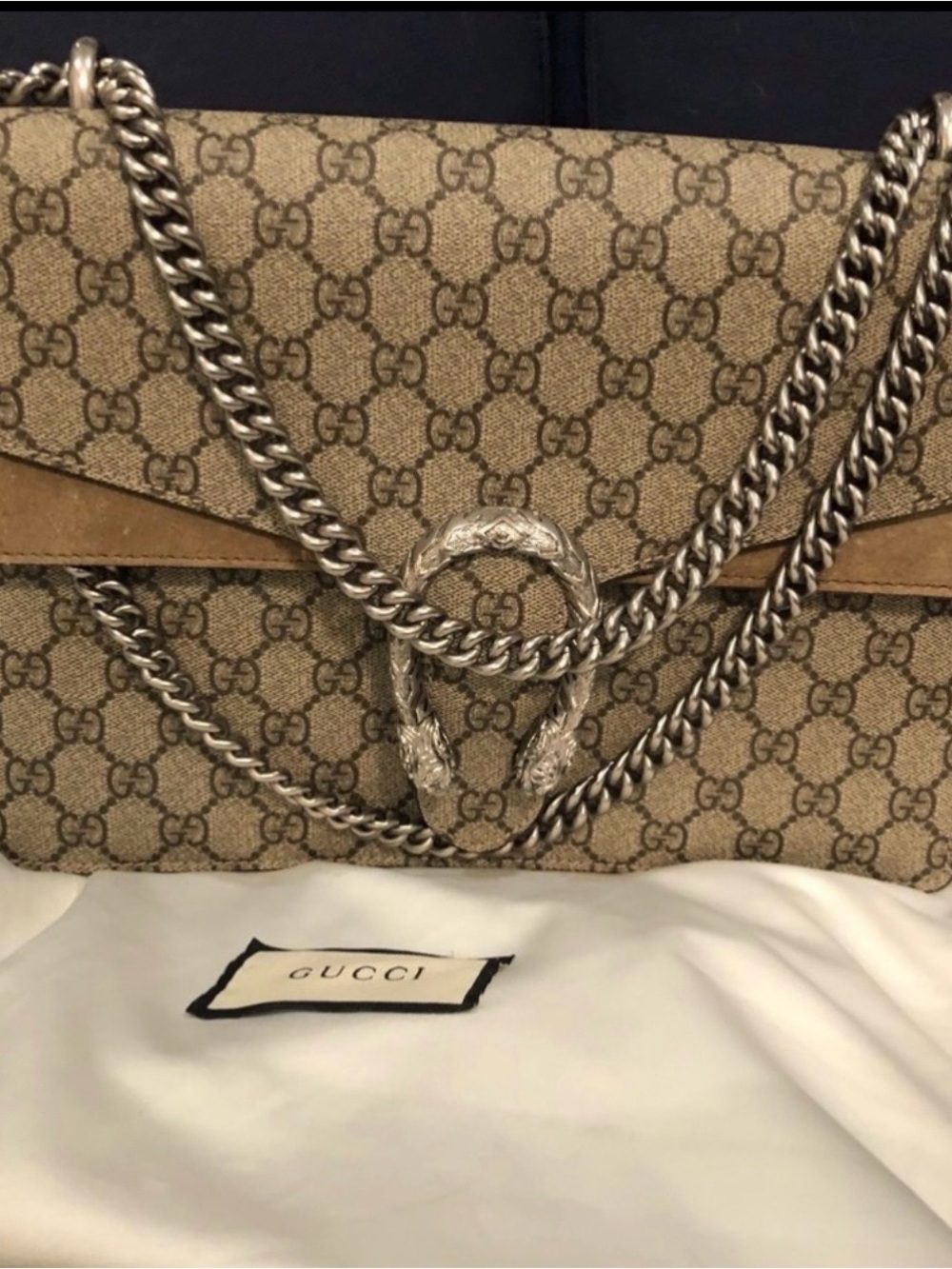 Gucci Brown GG Supreme Dionysus Shoulder Bag with Silver Chain